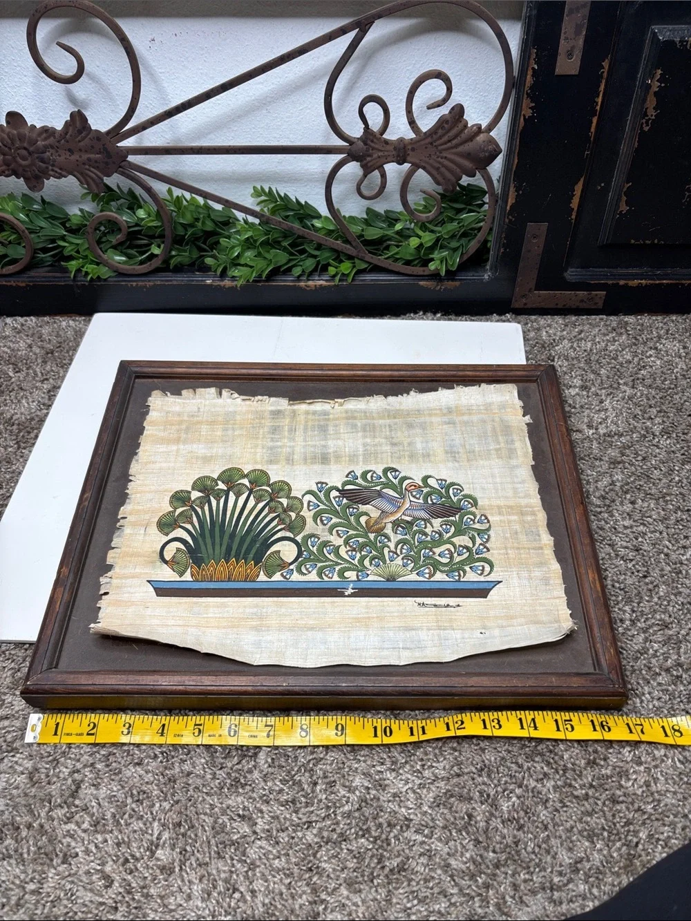 Egyptian art painted on papyrus duck lotus and papyrus plants with frame